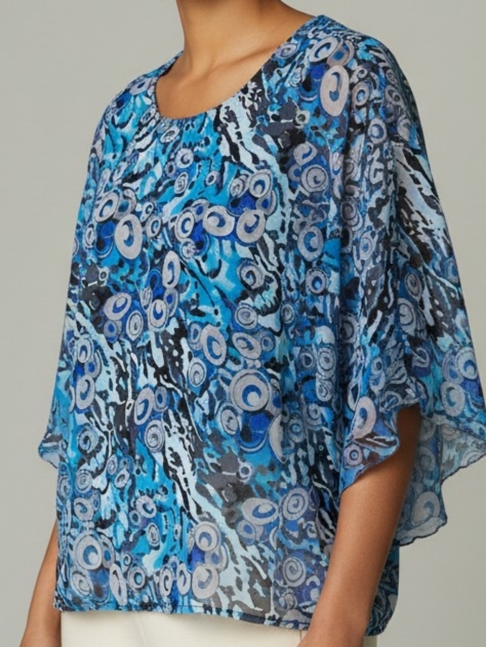 NEW! Blue Abstract-Print Flutter Sleeve Blouse 4369